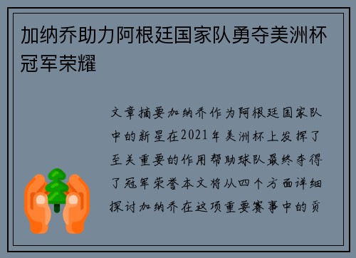 加纳乔助力阿根廷国家队勇夺美洲杯冠军荣耀